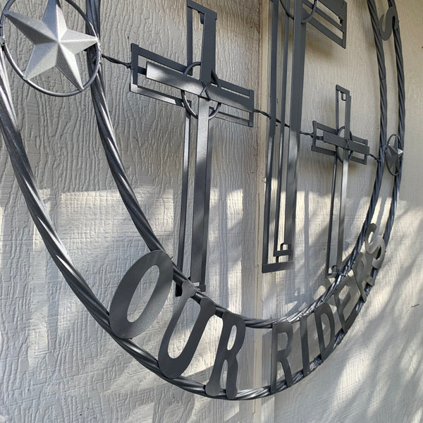 40"GOD BLESS OUR RIDERS CRUCIFIX GREY CROSS METAL WALL ART HANDMADE