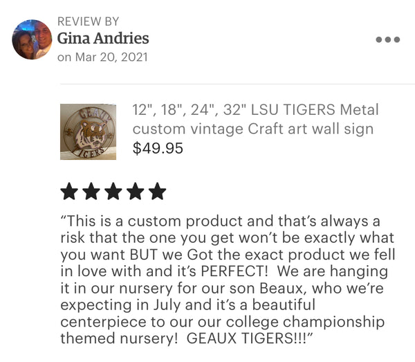 12",18", 24", 32", 36" GEAUX TIGERS CUSTOM METAL VINTAGE CRAFT SIGN TEAM HANDMADE