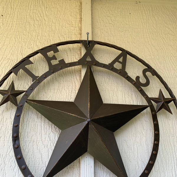 TEXAS BEADED BARN STAR WITH TWISTED ROPE RING DESIGN METAL WALL ART WESTERN HOME DECOR VINTAGE RUSTIC BRONZE ART