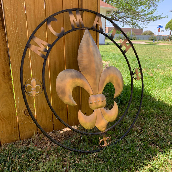 FORD STYLE YOUR CUSTOM NAME FLEUR DE LIS METAL TWISTED ROPE RING SIGN WALL ART WESTERN HOME DECOR HANDMADE 24", 32", 36"