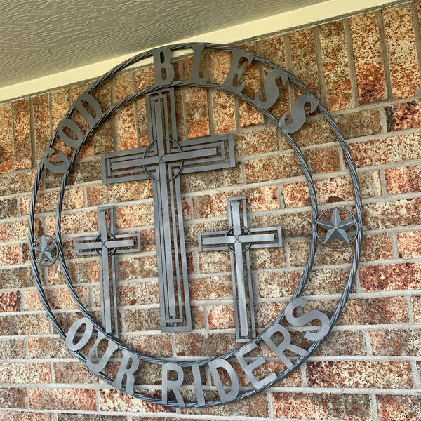 40"GOD BLESS OUR RIDERS CRUCIFIX GREY CROSS METAL WALL ART HANDMADE