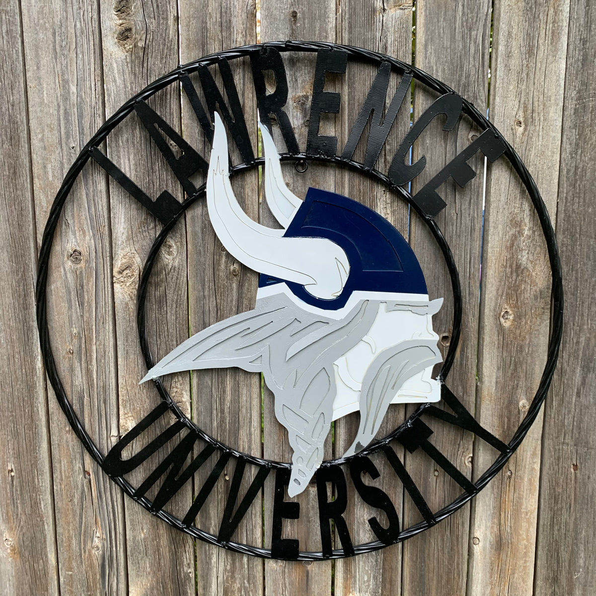 LAWRENCE UNIVERSITY METAL CUSTOM VINTAGE CRAFT WALL ART RUSTIC BLUE SILVER WHITE TEAM SIGN HANDMADE