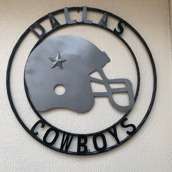 24", 32",36" DALLAS COWBOYS HELMET SIGN SILVER & BLACK CUSTOM METAL VINTAGE CRAFT TEAM SIGN HANDMADE