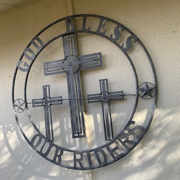 40"GOD BLESS OUR RIDERS CRUCIFIX GREY CROSS METAL WALL ART HANDMADE