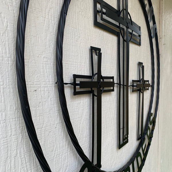 40"GOD BLESS OUR RIDERS CRUCIFIX BLACK CROSS METAL WALL ART HANDMADE