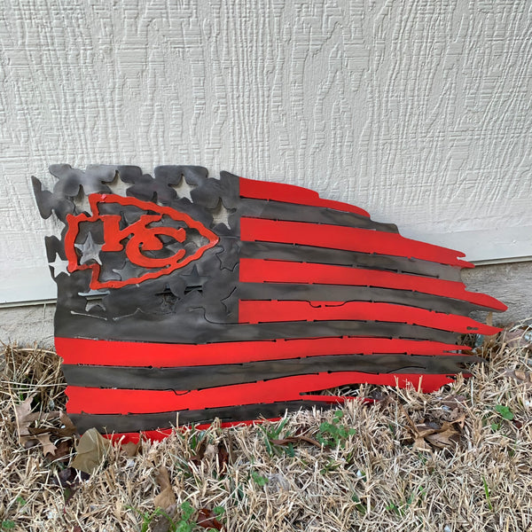 KANSAS CITY CHIEFS METAL TATTERED FLAG CUSTOM VINTAGE CRAFT WALL ART HANDMADE