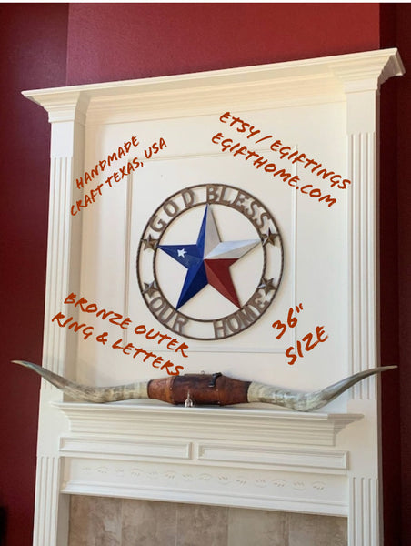 18",24",32",34",36",40",42",44",46",50" GOD BLESS OUR HOME BARN METAL RED WHITE BLUE STAR WITH BRONZE TWISTED ROPE RING NEW