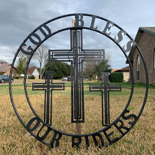 40"GOD BLESS OUR RIDERS CRUCIFIX BLACK CROSS METAL WALL ART HANDMADE