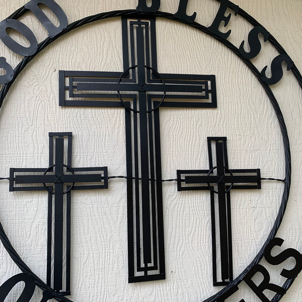 40"GOD BLESS OUR RIDERS CRUCIFIX BLACK CROSS METAL WALL ART HANDMADE