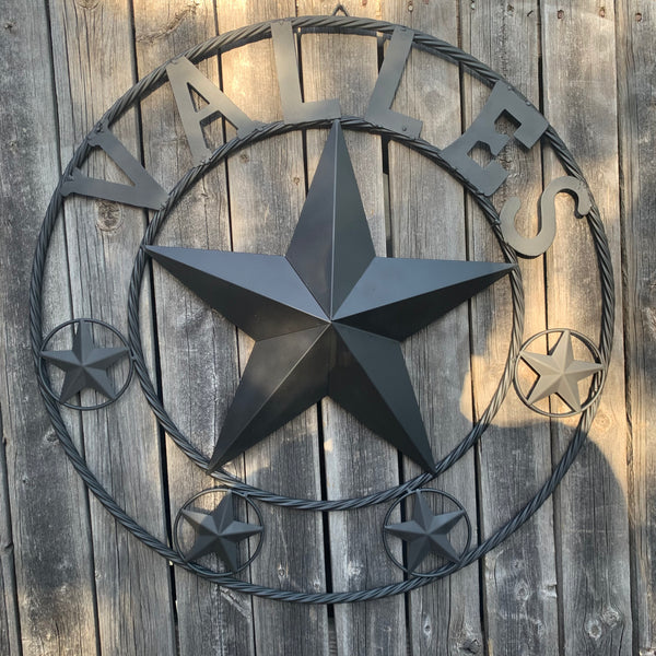VALLES STYLE YOUR CUSTOM NAME STAR BLACK METAL BARN STAR 3d TWISTED ROPE RING WESTERN HOME DECOR VINTAGE BRONZE RUSTIC NEW HANDMADE 24",32",34",36",40",42",44",46",50"