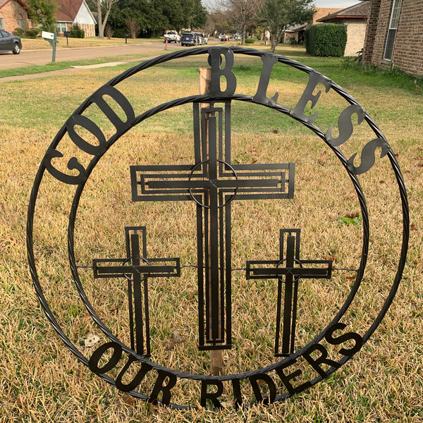 40"GOD BLESS OUR RIDERS CRUCIFIX BLACK CROSS METAL WALL ART HANDMADE