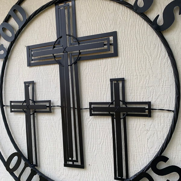 40"GOD BLESS OUR RIDERS CRUCIFIX BLACK CROSS METAL WALL ART HANDMADE