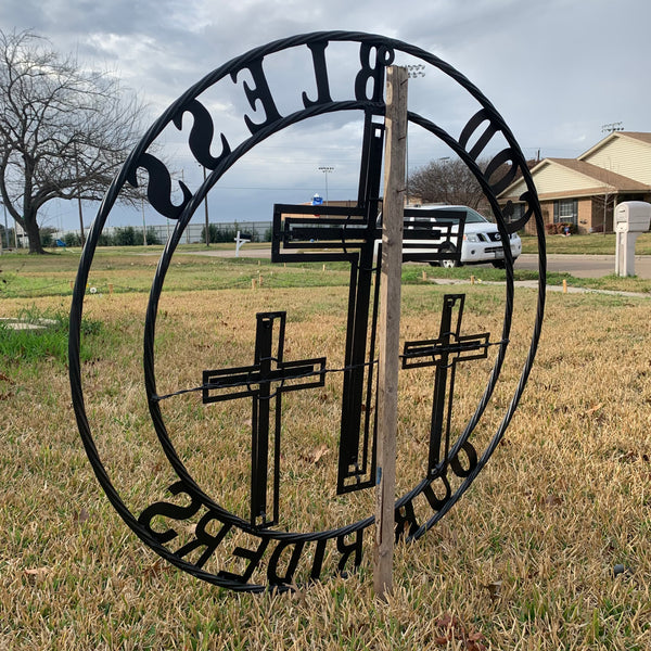 40"GOD BLESS OUR RIDERS CRUCIFIX BLACK CROSS METAL WALL ART HANDMADE