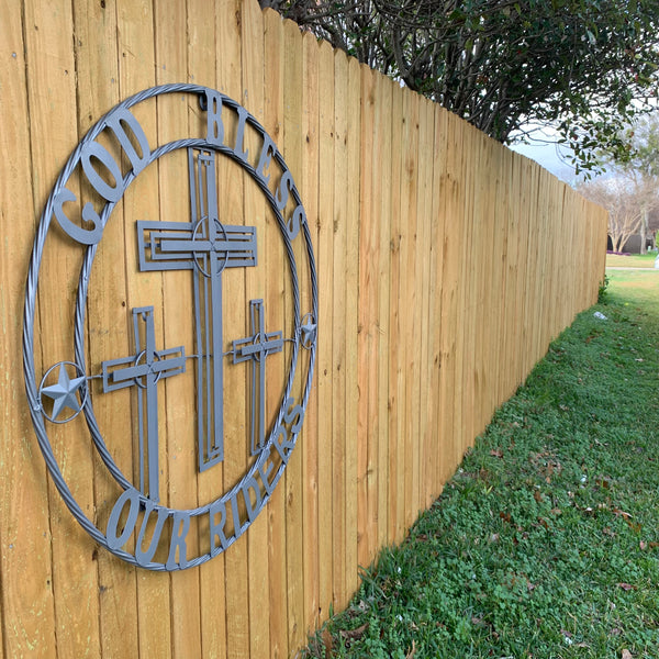 40"GOD BLESS OUR RIDERS CRUCIFIX GREY CROSS METAL WALL ART HANDMADE
