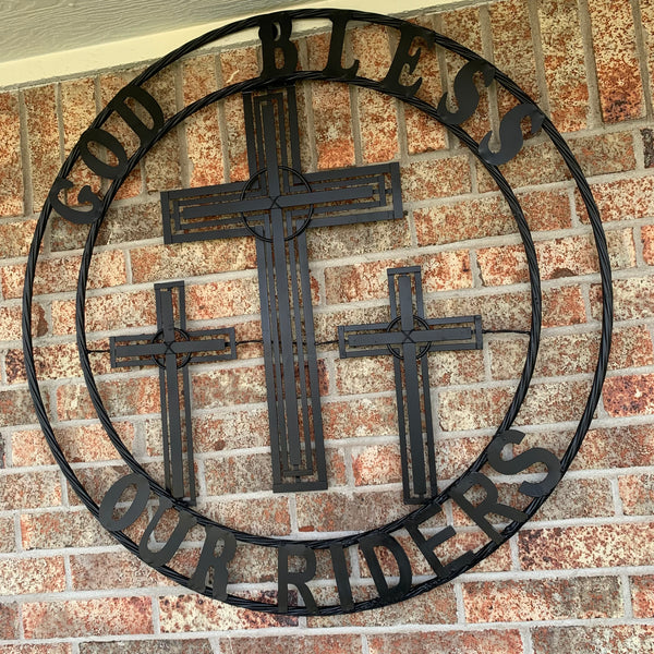 40"GOD BLESS OUR RIDERS CRUCIFIX BLACK CROSS METAL WALL ART HANDMADE