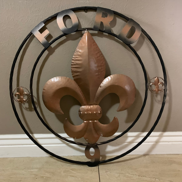 FORD STYLE YOUR CUSTOM NAME FLEUR DE LIS METAL TWISTED ROPE RING SIGN WALL ART WESTERN HOME DECOR HANDMADE 24", 32", 36"