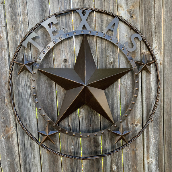 TEXAS BEADED BARN STAR WITH TWISTED ROPE RING DESIGN METAL WALL ART WESTERN HOME DECOR VINTAGE RUSTIC BRONZE ART