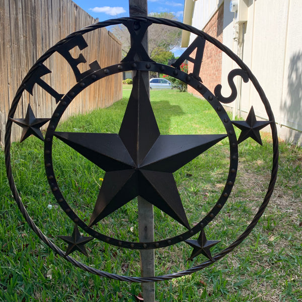 TEXAS BEADED BARN STAR WITH TWISTED ROPE RING DESIGN METAL WALL ART WESTERN HOME DECOR VINTAGE RUSTIC BRONZE ART