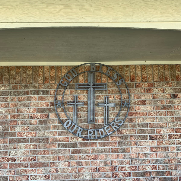 40"GOD BLESS OUR RIDERS CRUCIFIX GREY CROSS METAL WALL ART HANDMADE