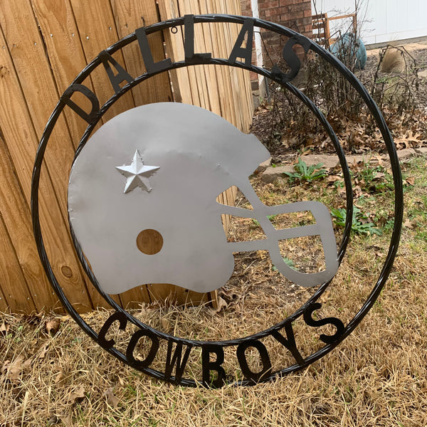 24", 32",36" DALLAS COWBOYS HELMET SIGN SILVER & BLACK CUSTOM METAL VINTAGE CRAFT TEAM SIGN HANDMADE