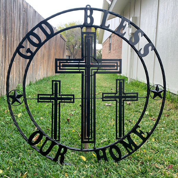 40"GOD BLESS OUR HOME CRUCIFIX CROSS METAL WALL ART BLACK HANDMADE NEW
