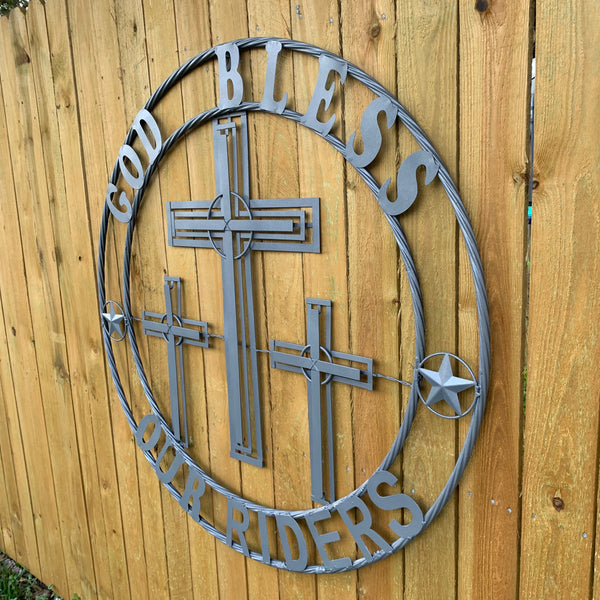40"GOD BLESS OUR RIDERS CRUCIFIX GREY CROSS METAL WALL ART HANDMADE
