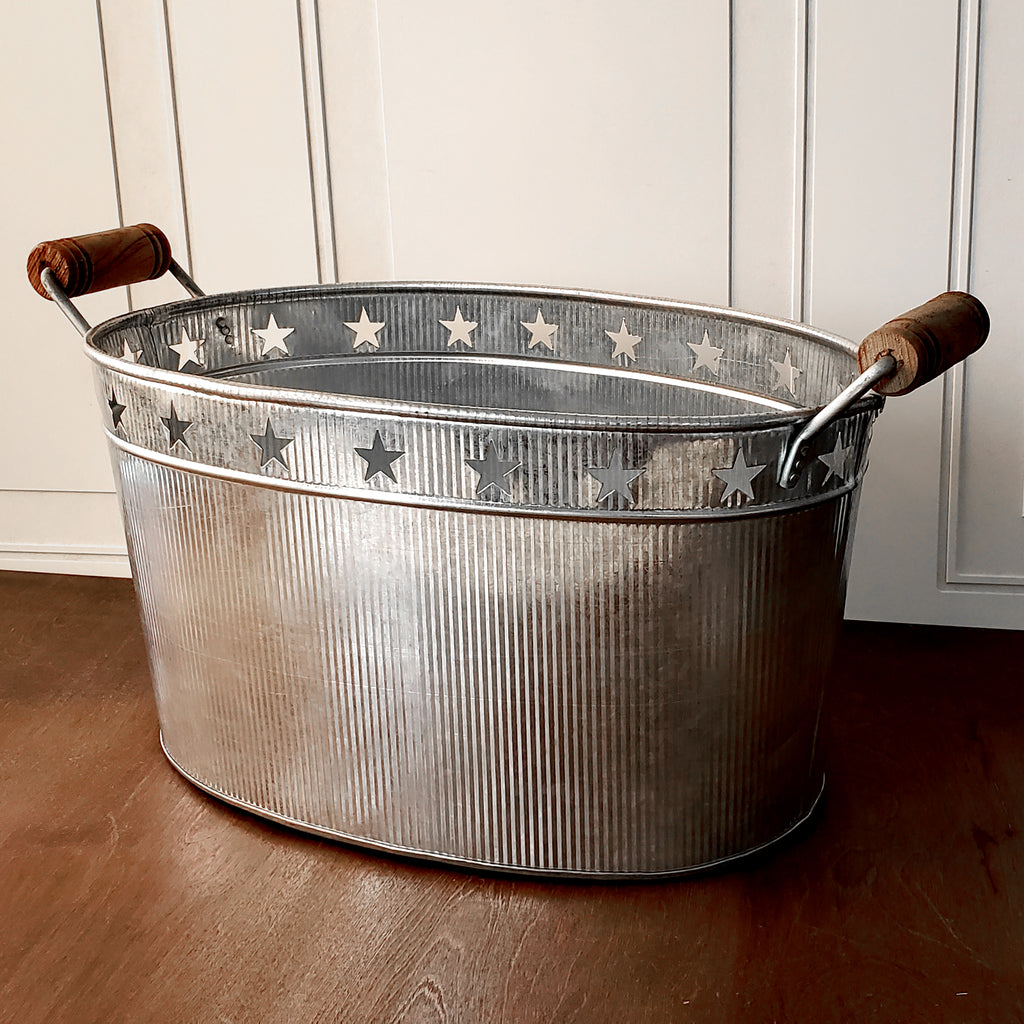 18" GALV. STAR CORRUGATED OVAL METAL TUB BUCKET WESTERN HOME DECOR NEW