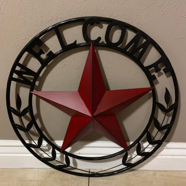 24" WELCOME LEAF LEAVES STAR METAL WALL ART WESTERN HOME DECOR RUSTIC RED HANDMADE
