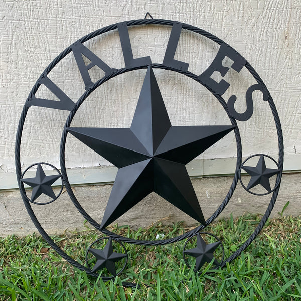 VALLES STYLE YOUR CUSTOM NAME STAR BLACK METAL BARN STAR 3d TWISTED ROPE RING WESTERN HOME DECOR VINTAGE BRONZE RUSTIC NEW HANDMADE 24",32",34",36",40",42",44",46",50"