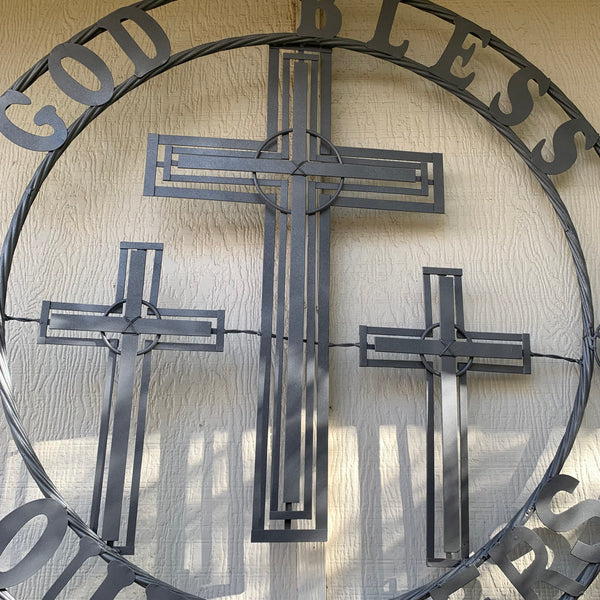 40"GOD BLESS OUR RIDERS CRUCIFIX GREY CROSS METAL WALL ART HANDMADE