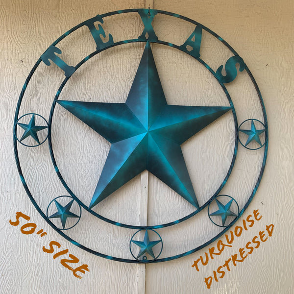 TEXAS LONESTAR TURQUOISE DISTRESSED TWO TONE METAL BARN STAR TWISTED ROPE RING WALL ART WESTERN HOME DECOR HANDMADE NEW #EH10483