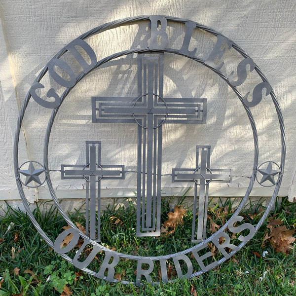 40"GOD BLESS OUR RIDERS CRUCIFIX GREY CROSS METAL WALL ART HANDMADE