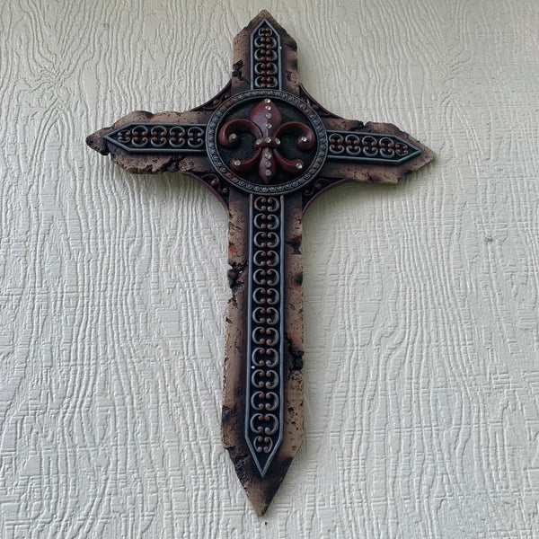 P&G FLEUR DE LIS STONE CROSS WESTERN HOME DECOR NEW ART--FREE SHIPPING