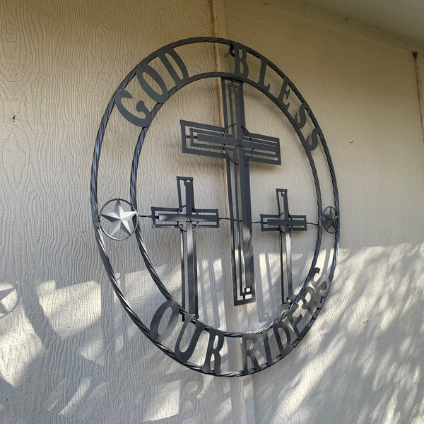 40"GOD BLESS OUR RIDERS CRUCIFIX GREY CROSS METAL WALL ART HANDMADE