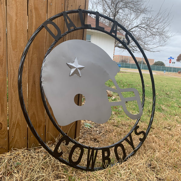 24", 32",36" DALLAS COWBOYS HELMET SIGN SILVER & BLACK CUSTOM METAL VINTAGE CRAFT TEAM SIGN HANDMADE