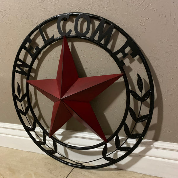 24" WELCOME LEAF LEAVES STAR METAL WALL ART WESTERN HOME DECOR RUSTIC RED HANDMADE