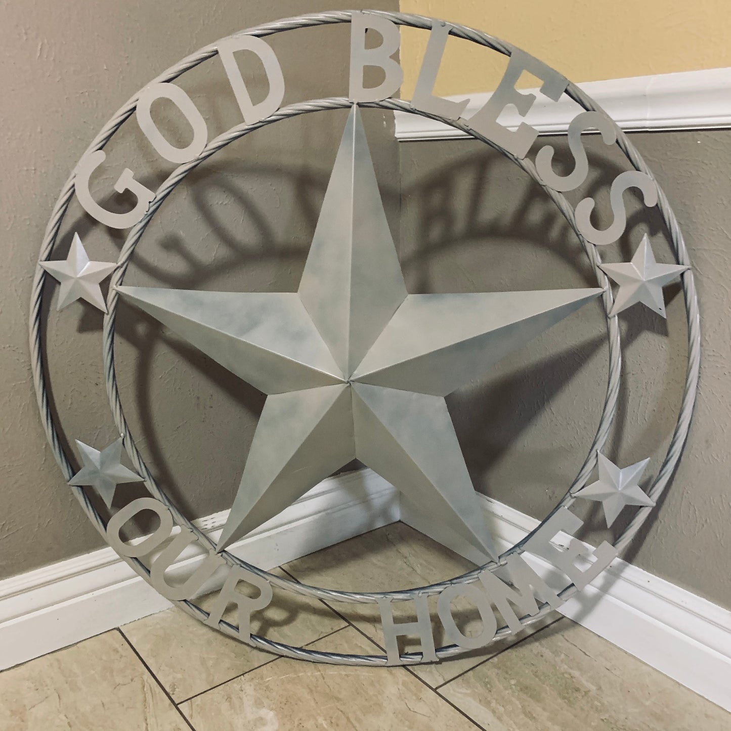 GOD BLESS OUR HOME RUSTIC BEIGE BARN METAL STAR ROPE RING WALL ART WESTERN HOME DECOR HANDMADE NEW #EH11686