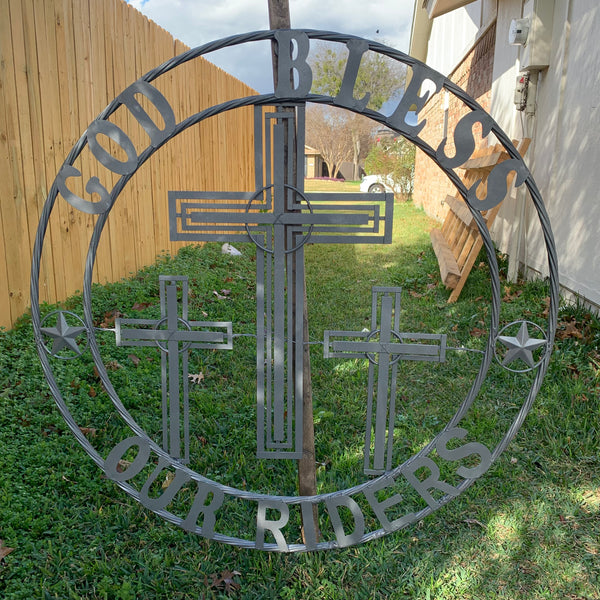 40"GOD BLESS OUR RIDERS CRUCIFIX GREY CROSS METAL WALL ART HANDMADE