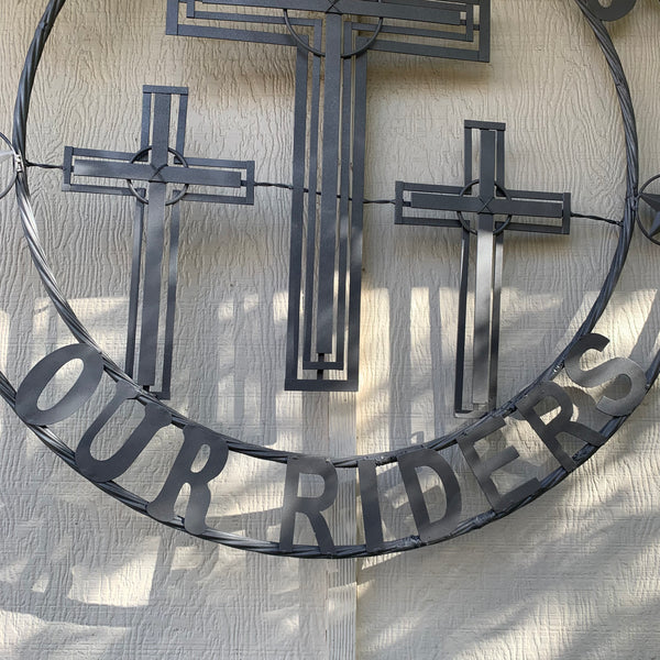 40"GOD BLESS OUR RIDERS CRUCIFIX GREY CROSS METAL WALL ART HANDMADE