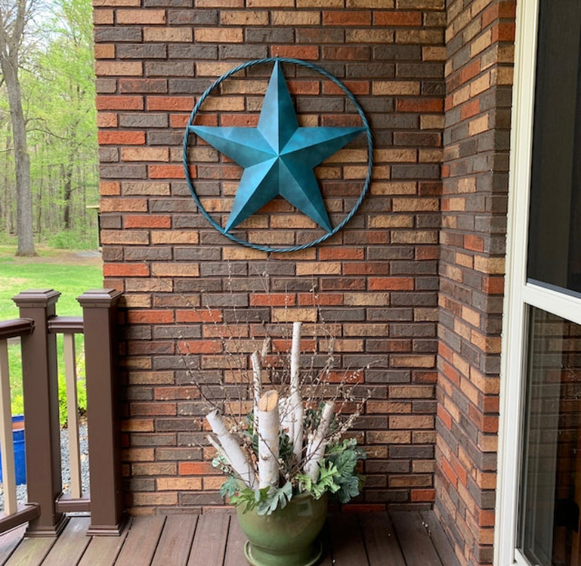 #EH10485 TURQUOISE DISTRESSED TWO TONE BARN STAR METAL LONESTAR TWISTED ROPE RING WETSERN HOME DECOR HANDMADE NEW