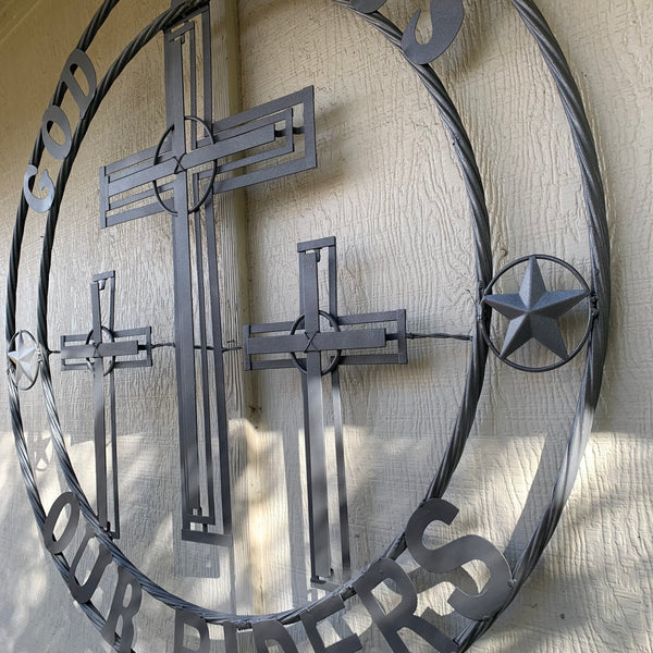 40"GOD BLESS OUR RIDERS CRUCIFIX GREY CROSS METAL WALL ART HANDMADE