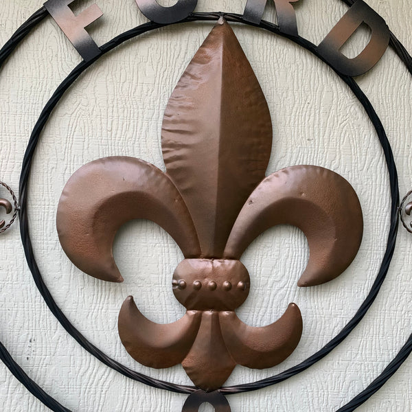 FORD STYLE YOUR CUSTOM NAME FLEUR DE LIS METAL TWISTED ROPE RING SIGN WALL ART WESTERN HOME DECOR HANDMADE 24", 32", 36"