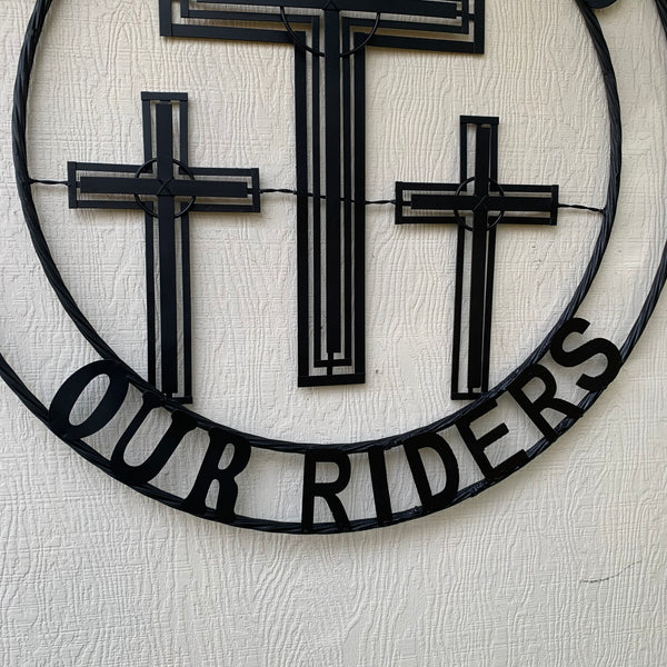 40"GOD BLESS OUR RIDERS CRUCIFIX BLACK CROSS METAL WALL ART HANDMADE