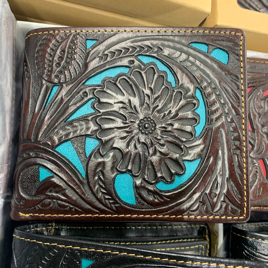 5" BROWN & BLUE MEN'S WALLET GENUINE LEATHER BIFOLD WESTERN STYLE WALLET NEW