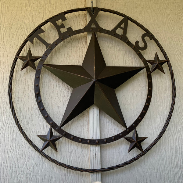 TEXAS BEADED BARN STAR WITH TWISTED ROPE RING DESIGN METAL WALL ART WESTERN HOME DECOR VINTAGE RUSTIC BRONZE ART