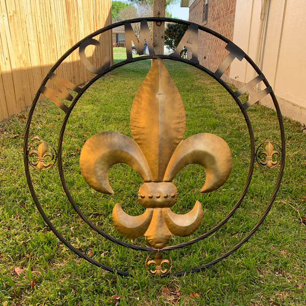 FORD STYLE YOUR CUSTOM NAME FLEUR DE LIS METAL TWISTED ROPE RING SIGN WALL ART WESTERN HOME DECOR HANDMADE 24", 32", 36"