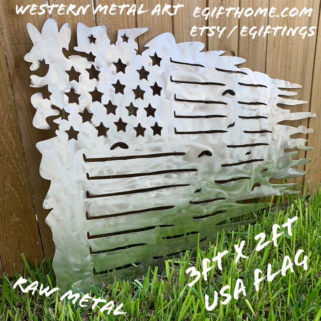 TATTERED USA AMERICAN FLAG RAW METAL LASERCUT HANDMADE WESTERN HOME DECOR BRAND NEW