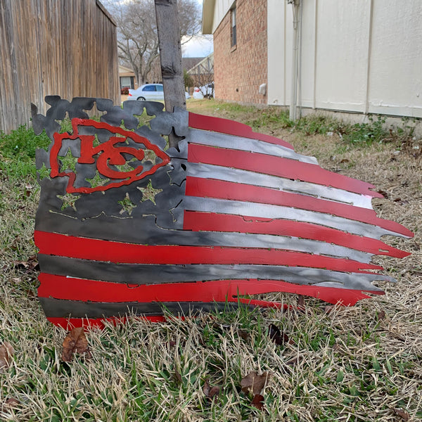 KANSAS CITY CHIEFS METAL TATTERED FLAG CUSTOM VINTAGE CRAFT WALL ART HANDMADE