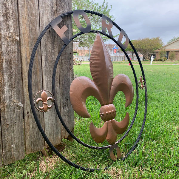 FORD STYLE YOUR CUSTOM NAME FLEUR DE LIS METAL TWISTED ROPE RING SIGN WALL ART WESTERN HOME DECOR HANDMADE 24", 32", 36"