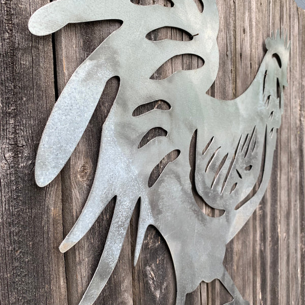 28"  X 28" CUSTOM ROOSTER LASERCUT ART WITH RING DESIGN WESTERN METAL ANIMAL ART HOME WALL DECOR BRAND NEW